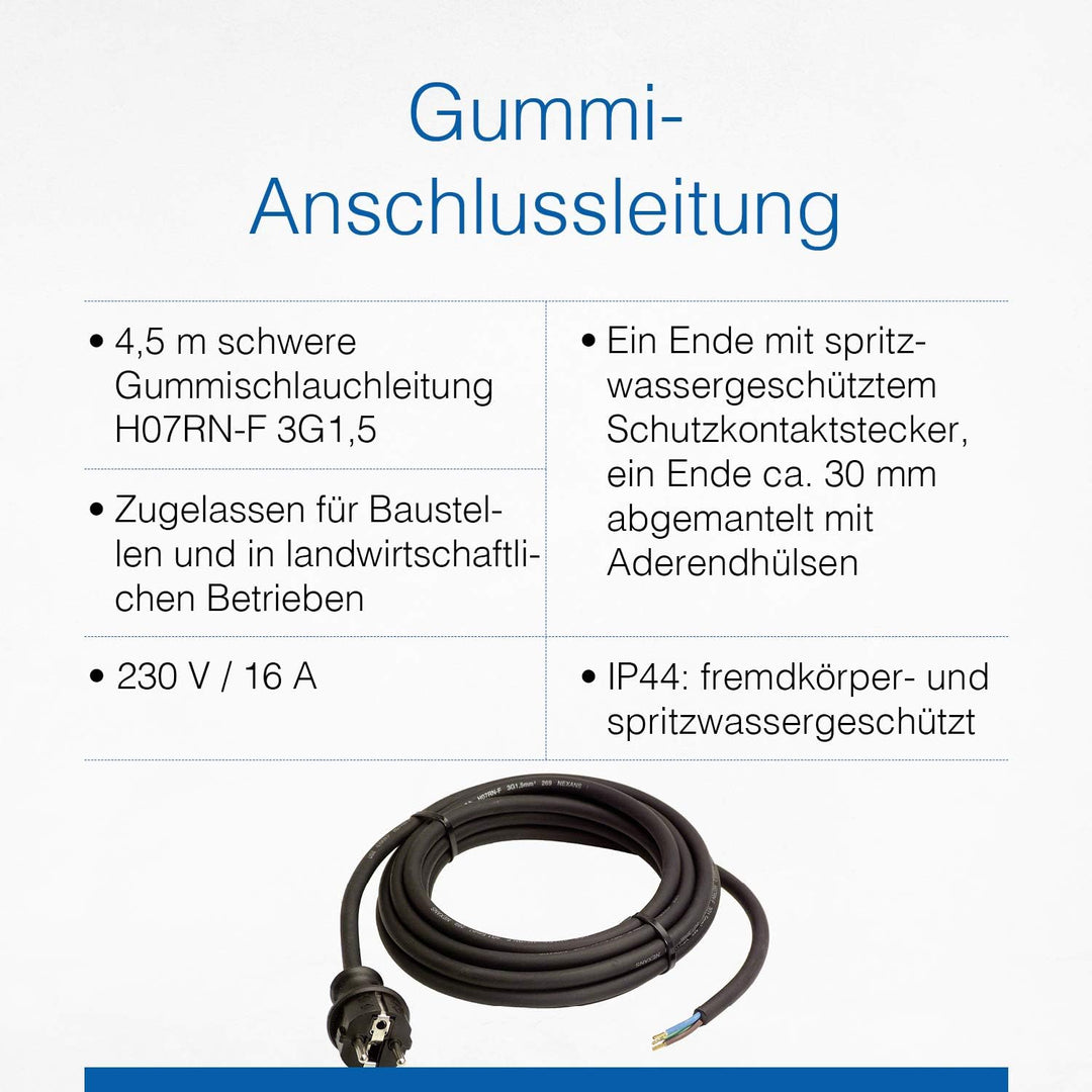 as - Schwabe Gummi-Anschlussleitung – 4,5 m mit spritzwassergeschütztem Schutzkontaktstecker – IP44