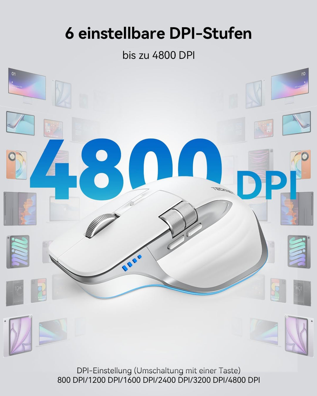 TECKNET Bluetooth kabellose Maus(BT 5.3/5.0+2,4G), Seitliches Mausrad, Wiederaufladbare Maus Ergonom