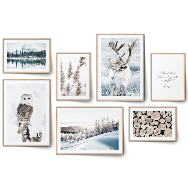 BLCKART Magic Winter Poster Set Beige Blau Schlafzimmer Deko Schnee Bilder Rentier Wanddeko Eule Woh