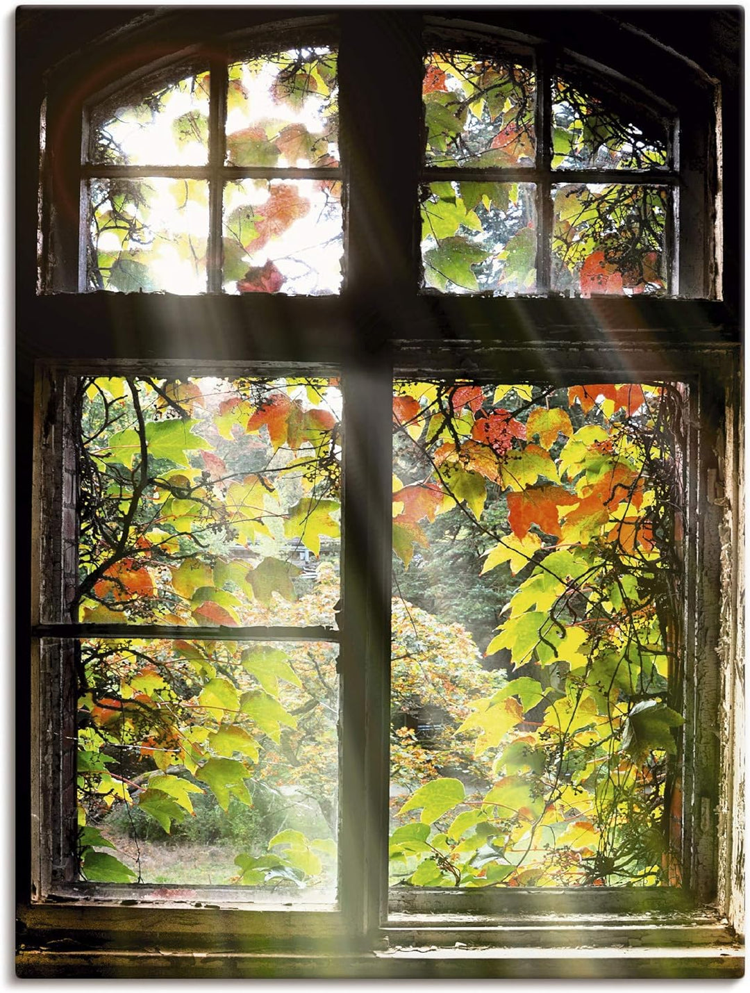 Artland Leinwandbild Wandbild Bild auf Leinwand 45x60 cm Wanddeko Fensterblick Fenster Herbst Natur