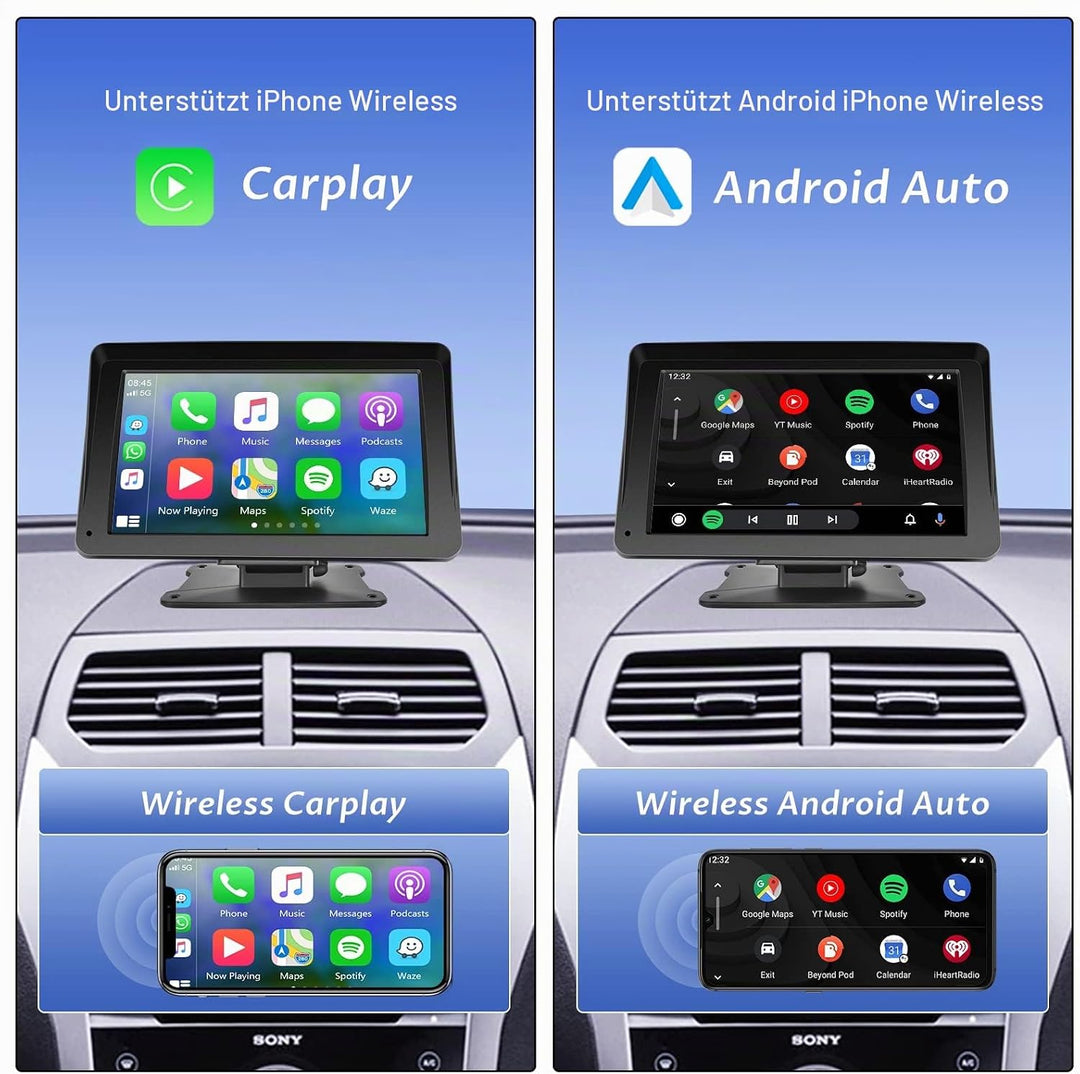 Hodozzy Wireless Carplay Android Auto Tragbarer Bildschirm, 7 Zoll Touchscreen mit AirPlay/Mirror Li