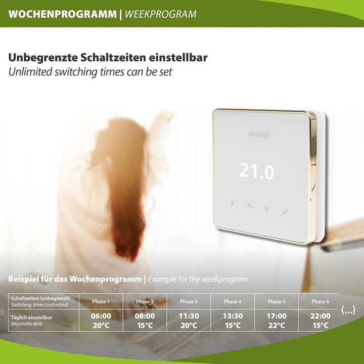 Warmup Element Smart WiFi Thermostat Raumregler für Fussbodenheizung, Elektro Heizung, Farbe: Weiss,