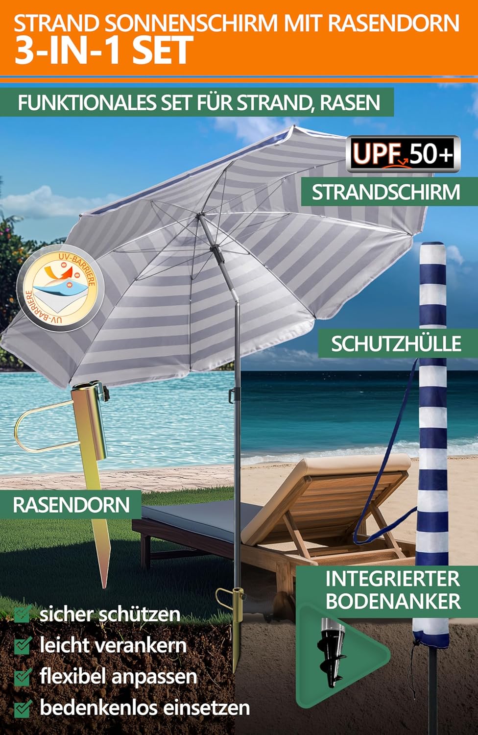 4smile Sonnenschirm Strand mit Rasendorn 3-IN-1 SET, Ø 180 cm, Blau-Weiss | Strandschirm windfest st