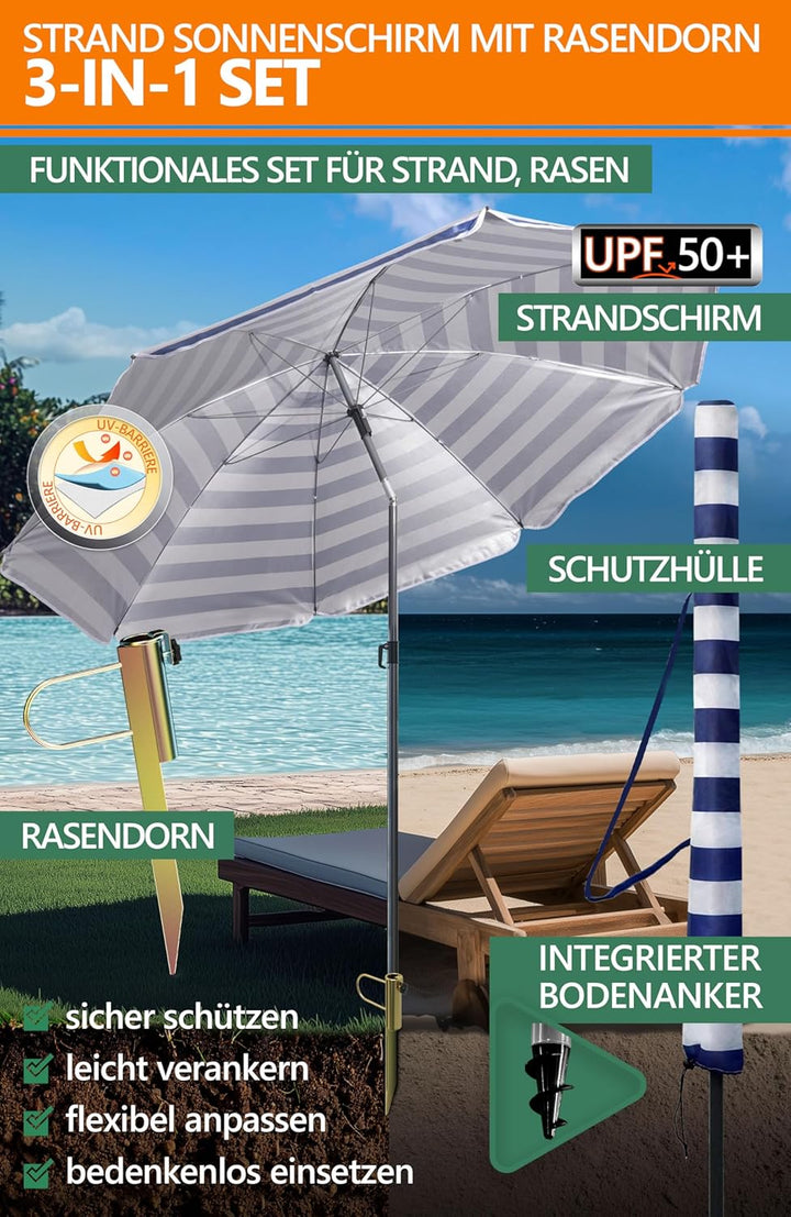 4smile Sonnenschirm Strand mit Rasendorn 3-IN-1 SET, Ø 180 cm, Blau-Weiss | Strandschirm windfest st