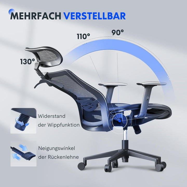 FLEXISPOT OC3 Ergonomischer Bürostuhl, Schreibtischstuhl mit Verstellbarer Kopfstütze & Lendenstütze