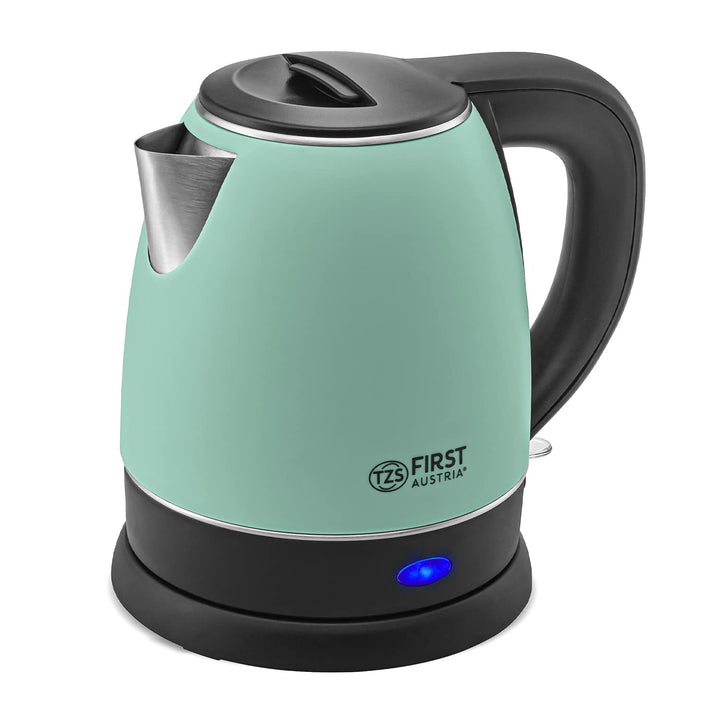 TZS First Austria Edelstahl Wasserkocher, grün-schwarz, 2200W | 1,2 Liter | Höhe 20cm | 360° Grad Ab