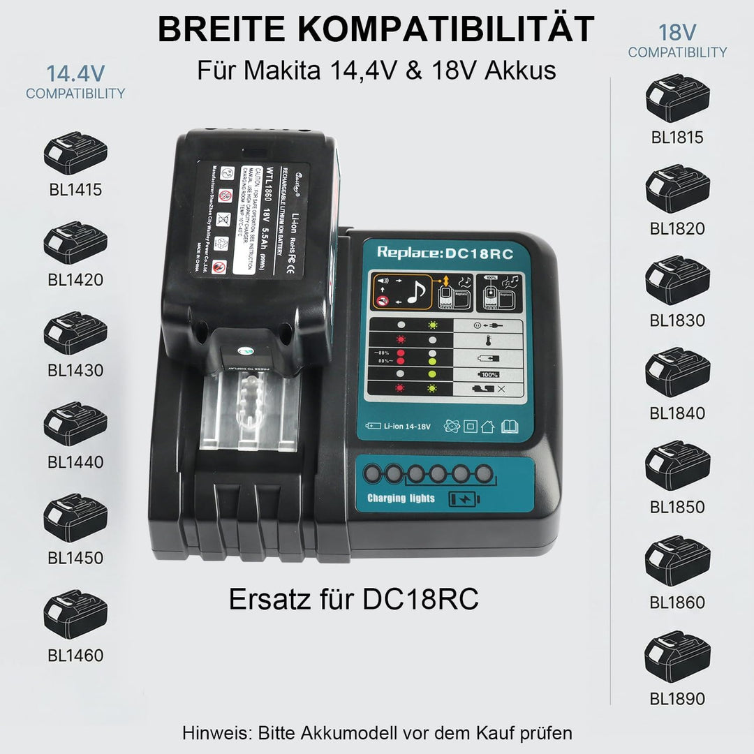Waitley Schnellladegerät DC18RC kompatibel mit Makita 14,4 Volt und 18 Volt Akku