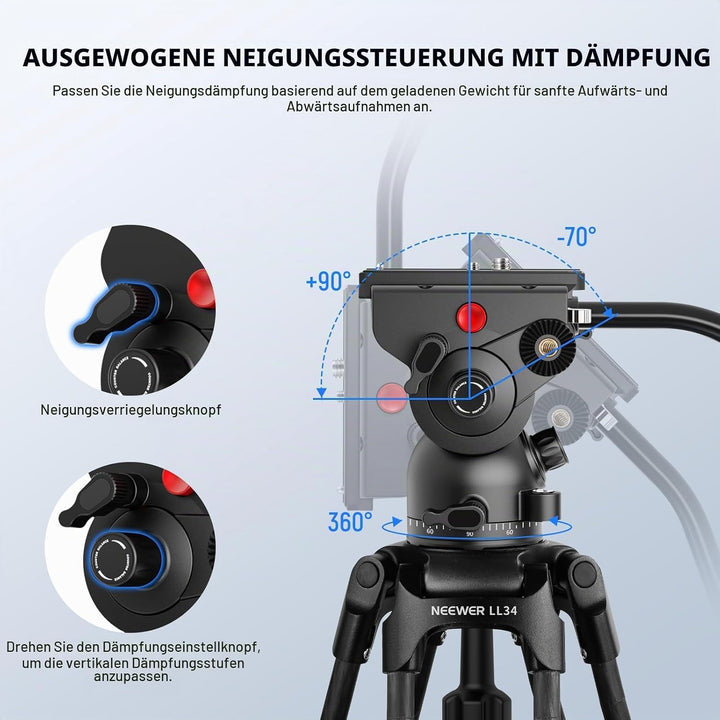 NEEWER LL34 78" Kamera Videostativ One Step Schnellspanner mit Dämpfungsflüssigkeitskopf robustes Ko