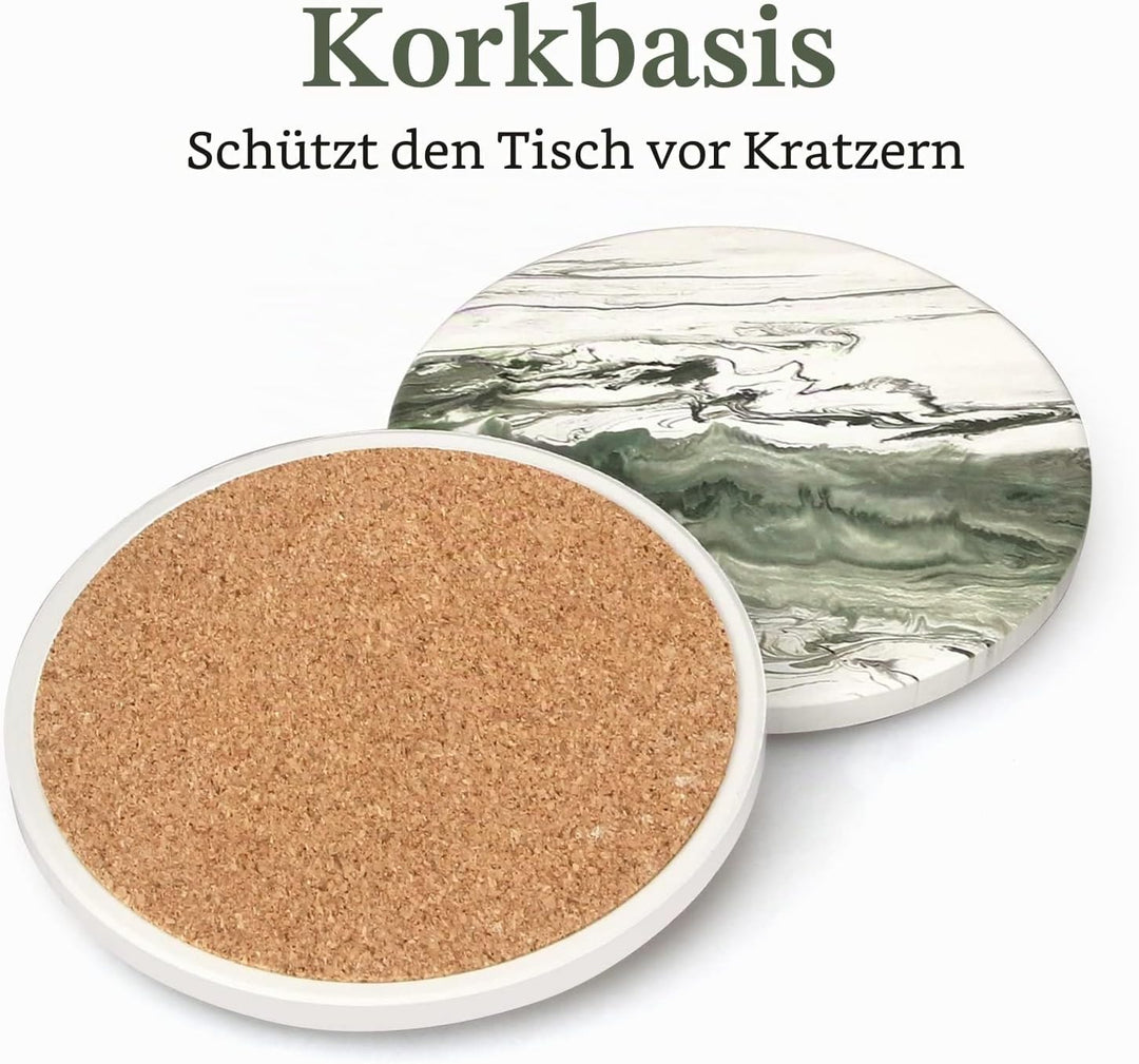 6 Stück grüne Keramik-Untersetzer mit Halter, rund, kühles Getränk, modernes, saugfähiges Untersetze