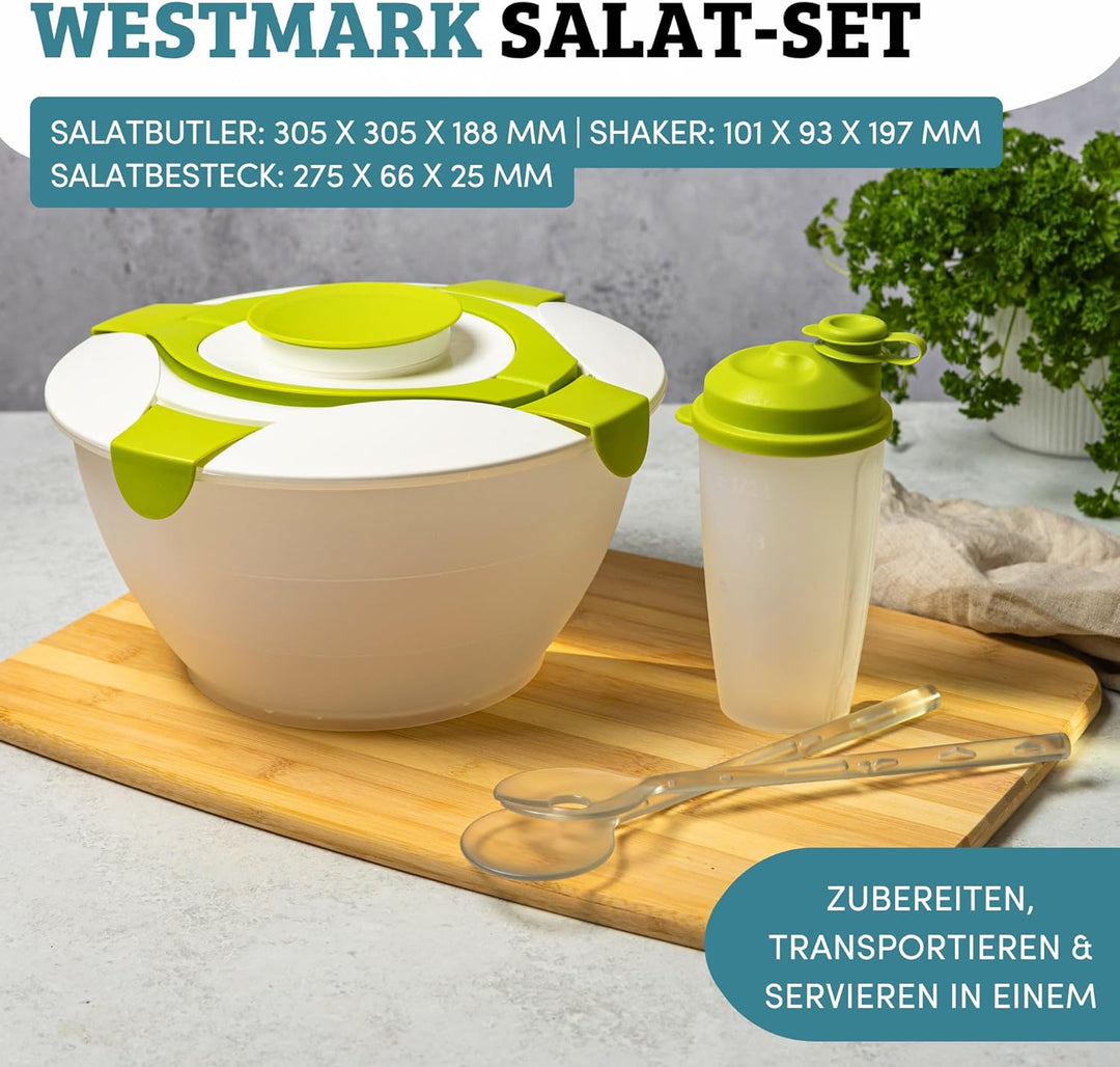 Westmark Salat-Set, 3tlg., Salatbutler, Salatbesteck und Dressingshaker, Kunststoff, Transparent/Grü