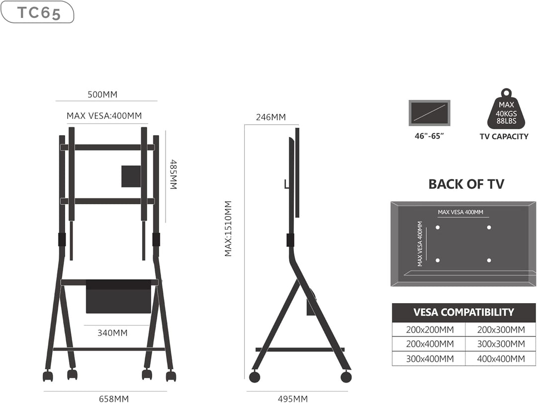 FITUEYES Design Mobiler TV Ständer Rollbar, TV Stand für 46 50 55 60 65 Zoll TV bis 40kg, Höhenverst