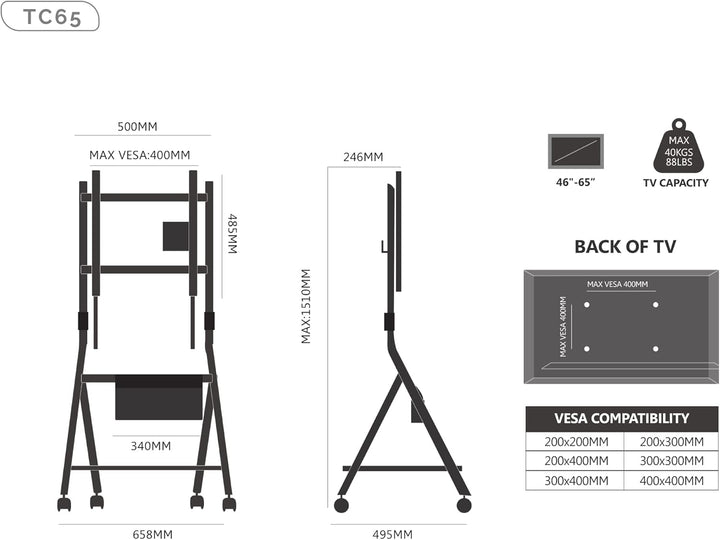 FITUEYES Design Mobiler TV Ständer Rollbar, TV Stand für 46 50 55 60 65 Zoll TV bis 40kg, Höhenverst