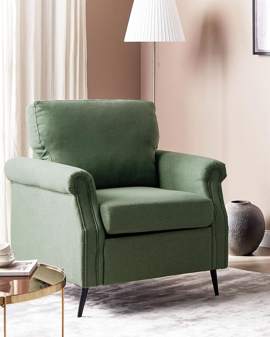 Moderner Retro-Sessel aus Stoff grün mit Metallbeinen schwarz Vietas