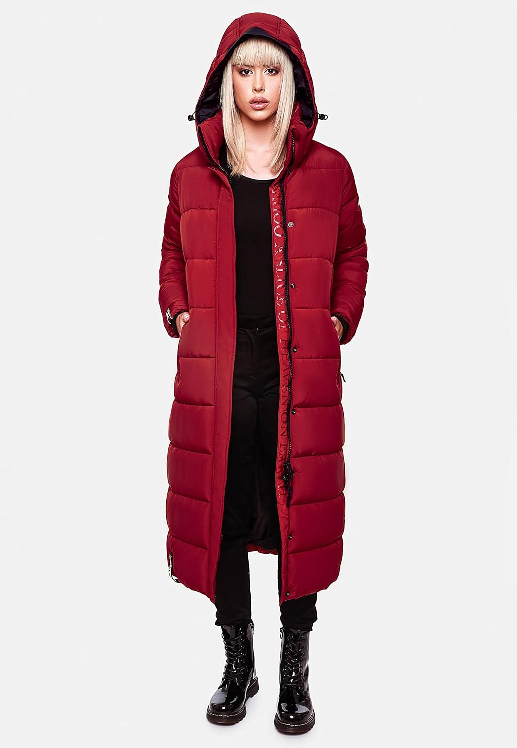 Navahoo Damen Wintermantel Warmer Steppmantel lang mit Abnehmbarer Kapuze Isalie XS-XXL M Dark Red,
