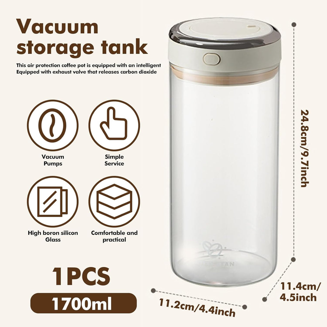 Glas Kaffeedose Luftdicht, 1,7L Vakuum Kaffeebohnen Transparent Behälter mit Auslassventil Datumsanz