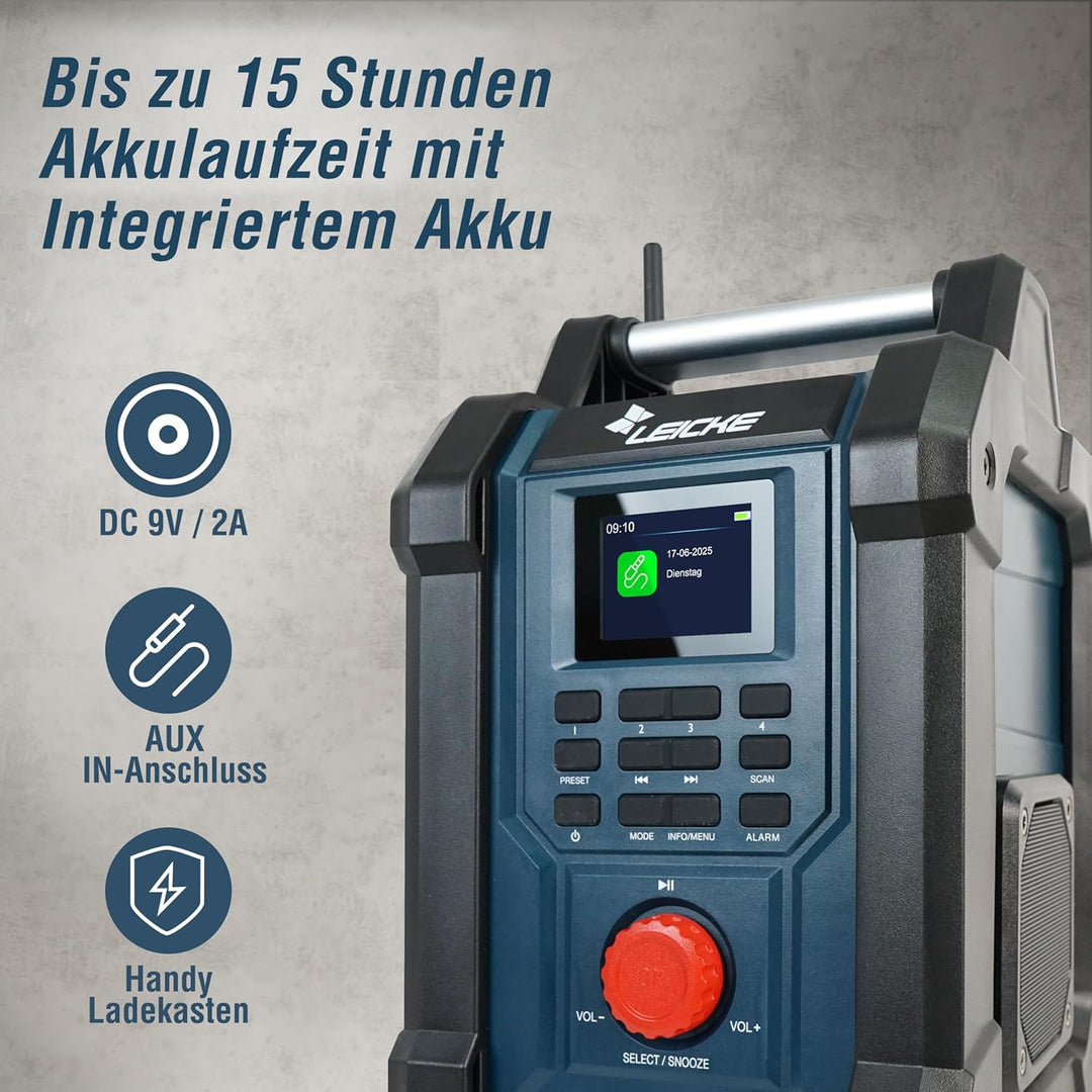 Baustellenradios - Digitales und Robustes Radio mit DAB+, FM, Bluetooth, AUX, 4000mAh Akku, 2 x 15W
