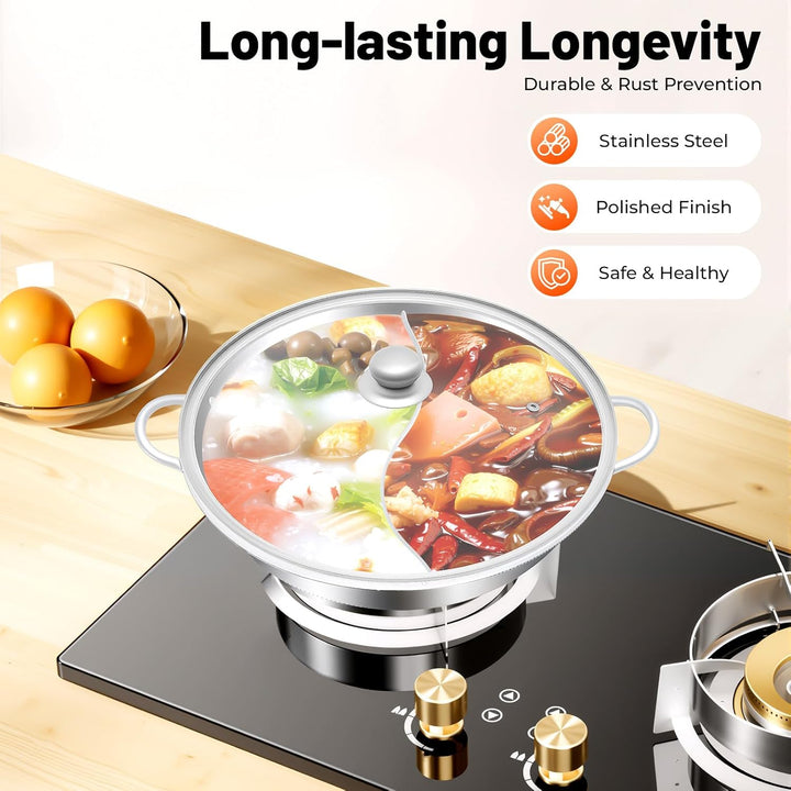 Shabu Topf,Edelstahl Geteilter Hot Pot 34cm Doppelfach Induktionstauglich mit Griff Glasdeckel, S-Ty