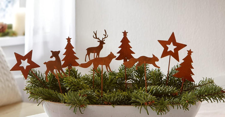 Dekoleidenschaft 9 Deko-Stecker Winterwald aus Metall in Rost-Optik, Metallstecker für Gestecke, Krä