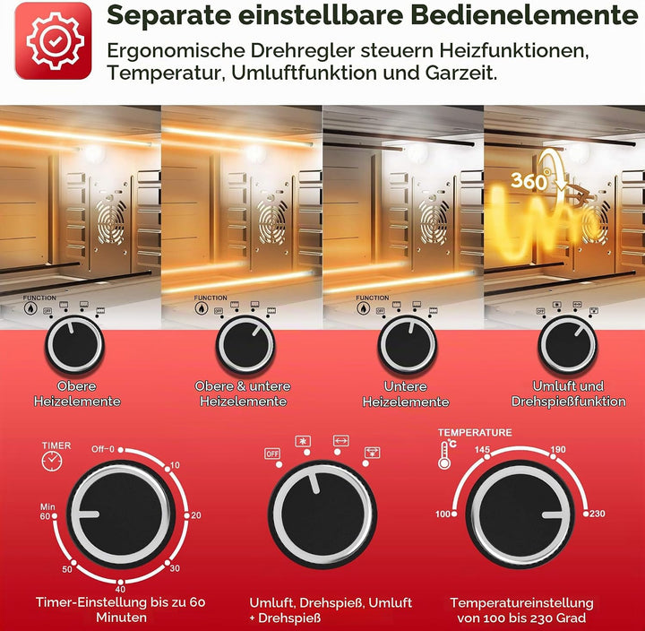 TurboTronic Elektrobacköfen mit Umluft, Grill &amp; Drehspiess | 30 L, 38 L &amp; 45 L Edelstahl-Tischbacköf