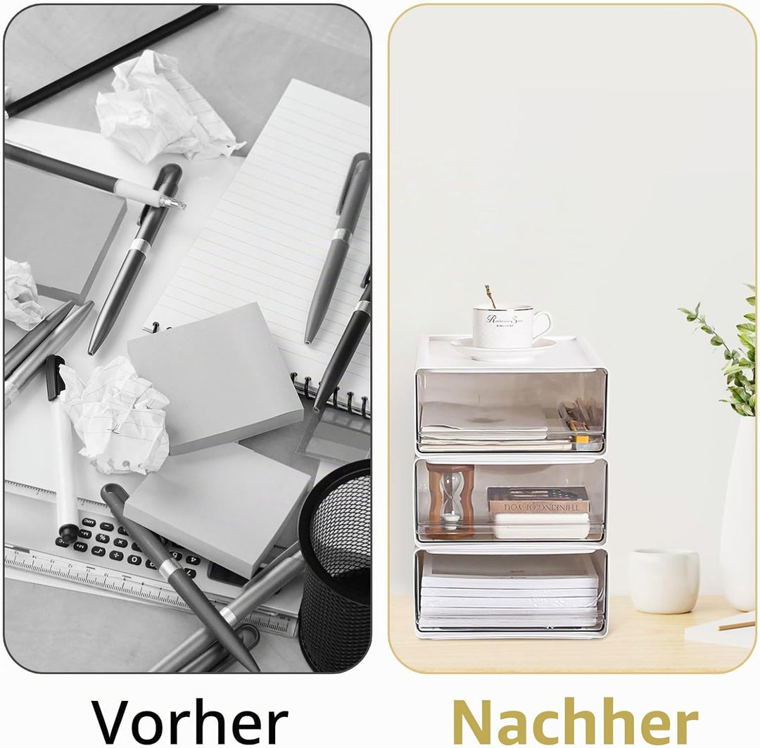 4 Stück Stapelbar Schreibtisch Organize mit 4 Schubladen, Transparent Weiss Schubladenboxen mit Etik