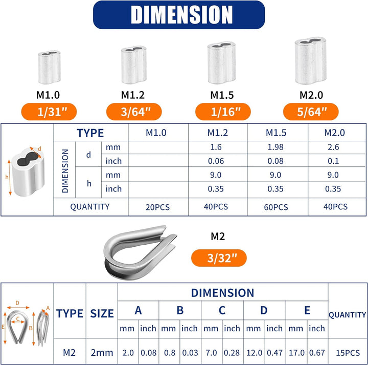 Drahtseil Crimping Swaging Tool,Cable Crimps bis zu 2,2mm mit 160pcs 4sizes Aluminium Double Barrel