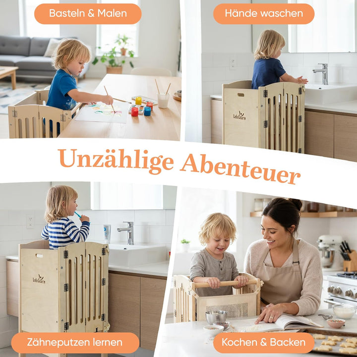 Lernturm ab 1 Jahr [FALTBAR] – Montessori Learning Tower, vormontiert, höhenverstellbar & extra sich
