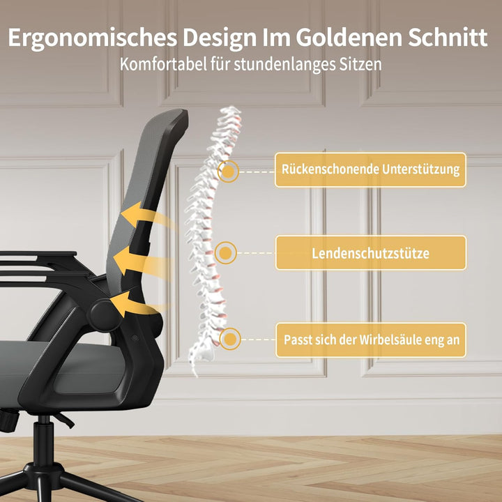 naspaluro Bürostuhl mit Hochklappbare Armlehnen, Schreibtischstuhl Ergonomisch, Drehstuhl mit Netzbe
