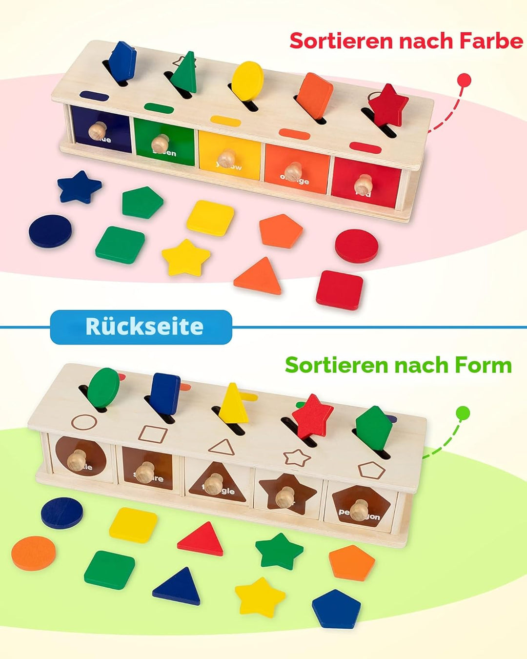 Coogam Montessori Toys Holz-Sortierbox in Farbform, geometrische passende Blöcke, frühes Lernen, päd