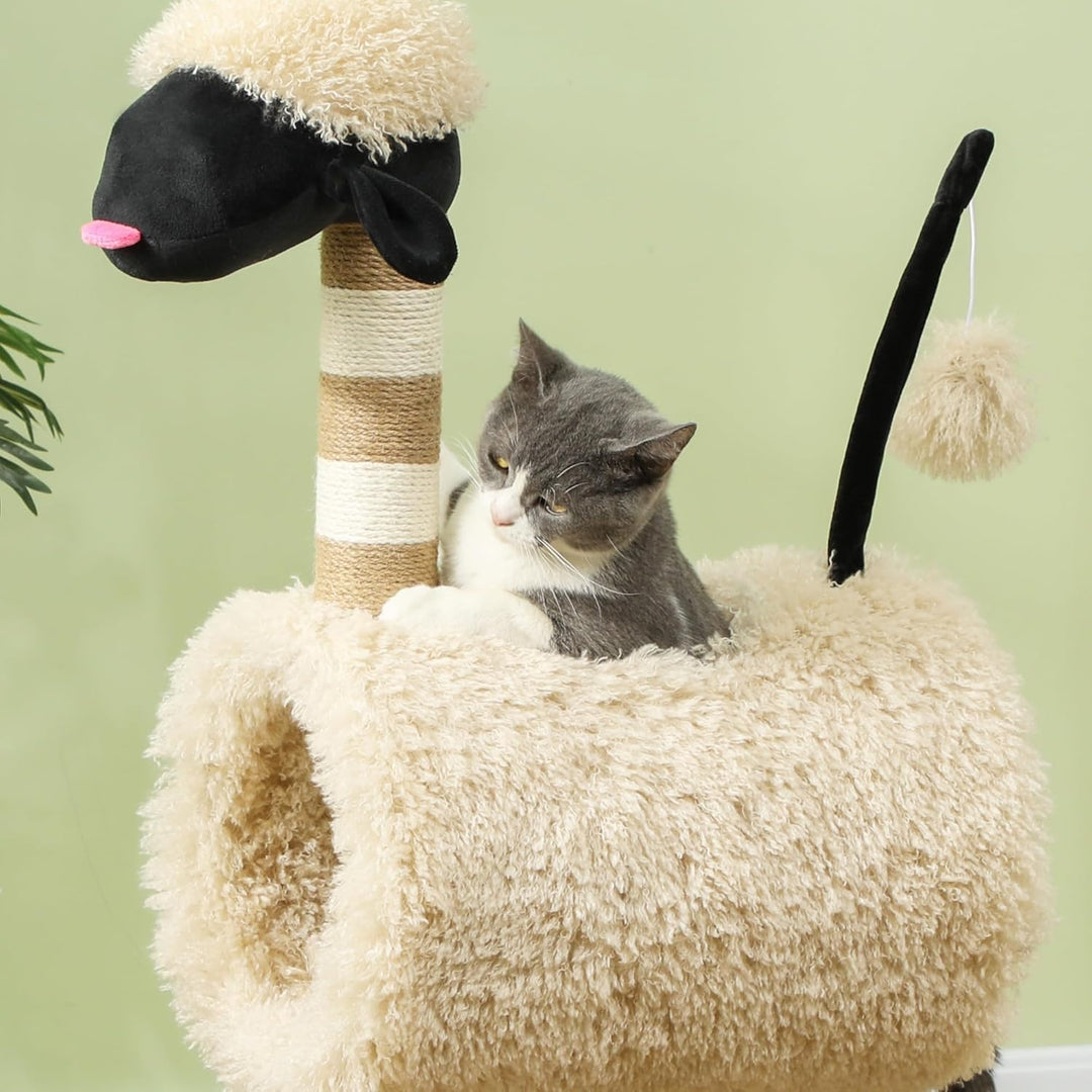 PawHut Kratzbaum 98 cm Katzenturm im Schaf-Design mit Kratzpfosten, Tunnel, Spielball, mehrstöckiger