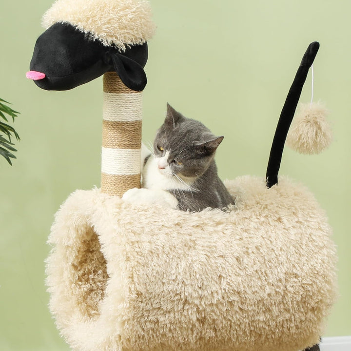 PawHut Kratzbaum 98 cm Katzenturm im Schaf-Design mit Kratzpfosten, Tunnel, Spielball, mehrstöckiger
