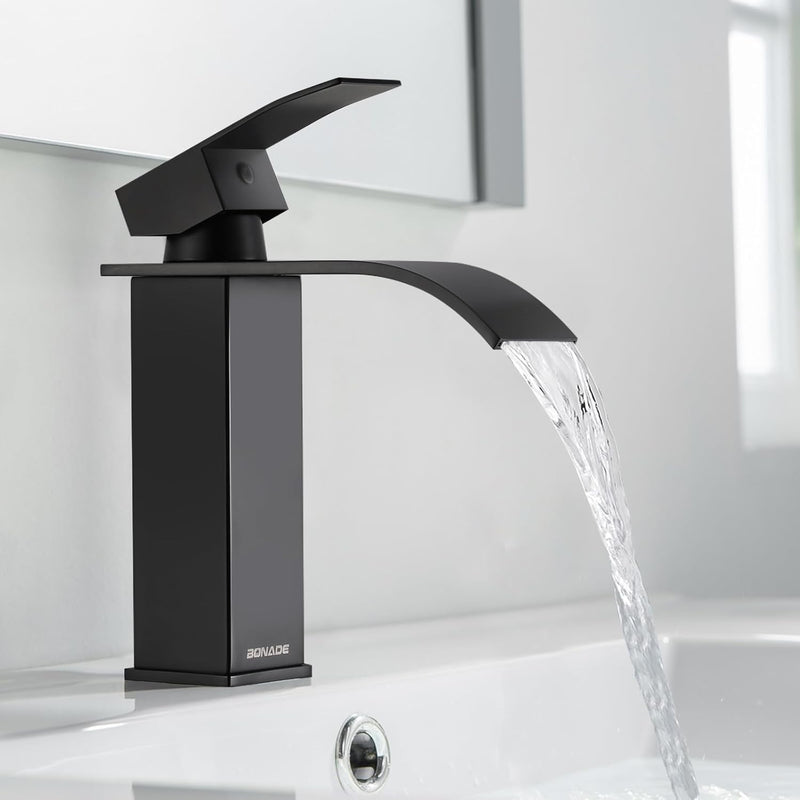 Wasserhahn Bad Schwarz, BONADE Wasserfall Waschtischarmatur aus Edelstahl, Waschbecken Armaturen Kal