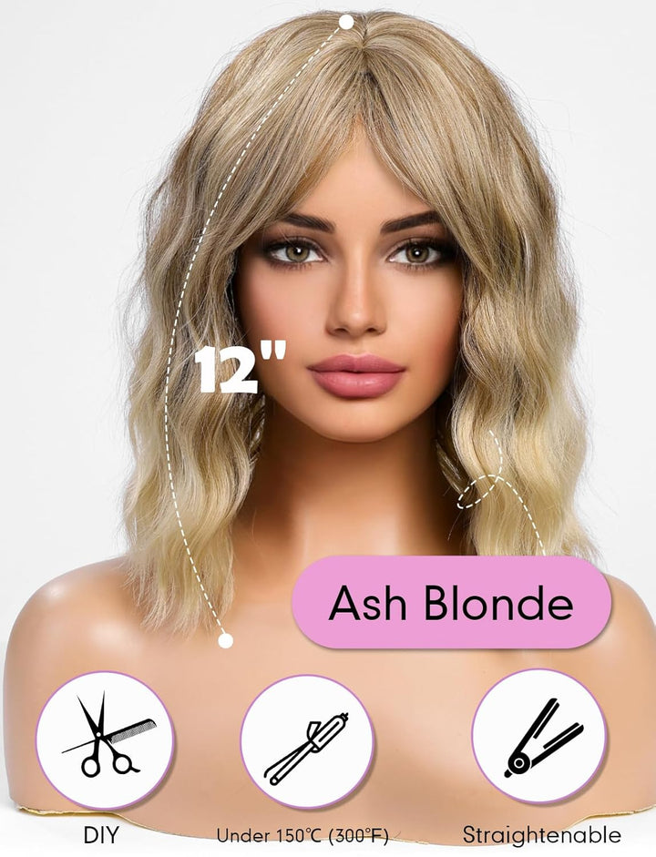 WOKESTAR Bob Lockige Perücke mit Fransen, Kurze Synthetische Gewellte Perücken für Frauen Ash Blonde