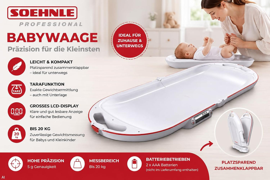 SOEHNLE PROFESSIONAL Babywaage 8320 klappbar Max.15kg - 10 g/Patentierter Klappmechanismus mit Magne