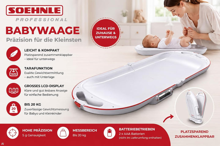 SOEHNLE PROFESSIONAL Babywaage 8320 klappbar Max.15kg - 10 g/Patentierter Klappmechanismus mit Magne