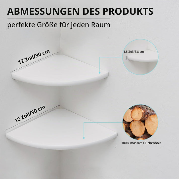 Eckregal Hängeregal, 30cm Eiche Massivholz Weiss Eckregal 2er Set runde Enden Wandregal Holz Vintage