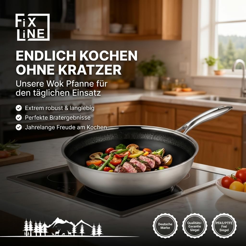 FIXLINE® BLACK FOREST Wokpfanne 28cm - Keramische Beschichtung - alle Herdarten inkl. Induktion - Ba