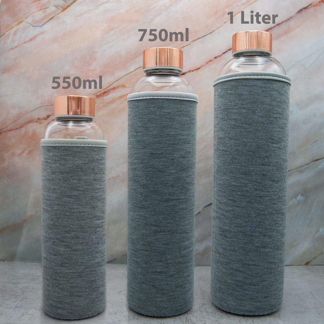 T&N Glasflasche 1 Liter / 750ml / 500ml – Trinkflasche Glas 1l mit Neoprenhülle – Wasserflasche Ausl