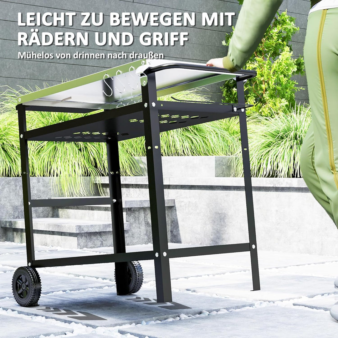 Outsunny Grillwagen 3-Etagen Servierwagen mit Arbeitsfläche Griffe Hülle Räder, höhenverstellbar BBQ