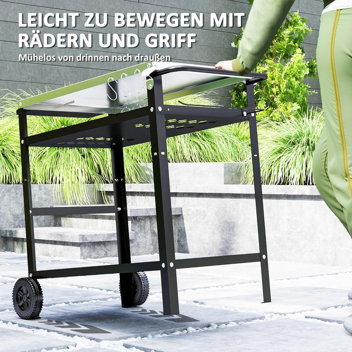 Outsunny Grillwagen 3-Etagen Servierwagen mit Arbeitsfläche Griffe Hülle Räder, höhenverstellbar BBQ