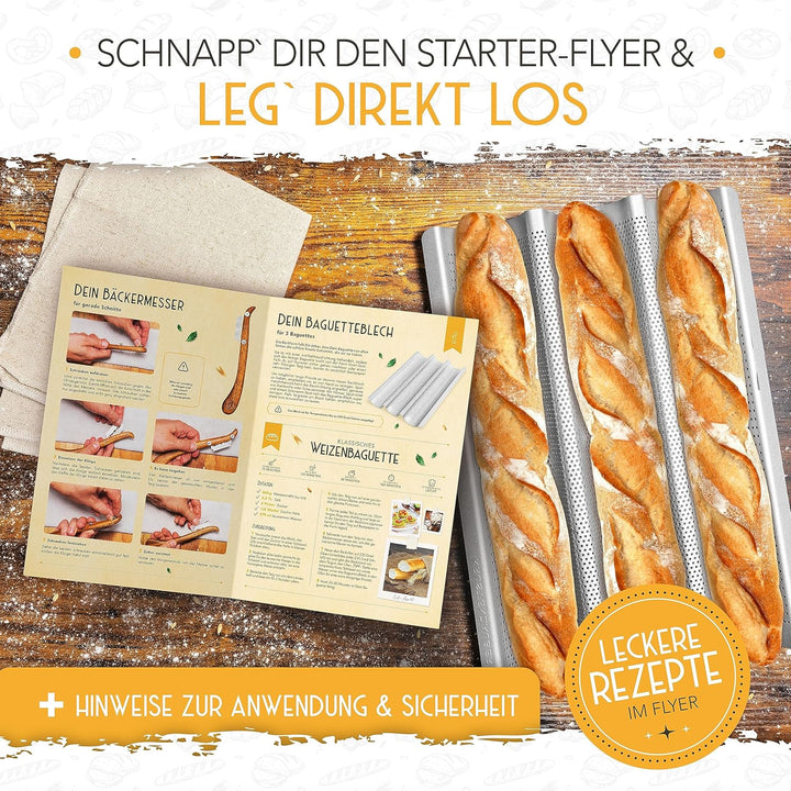 KRUSTENZAUBER Baguette Backform Antihaft inkl. Bäckerleinen u. Bäckermesser - 3er Baguette-Backblech