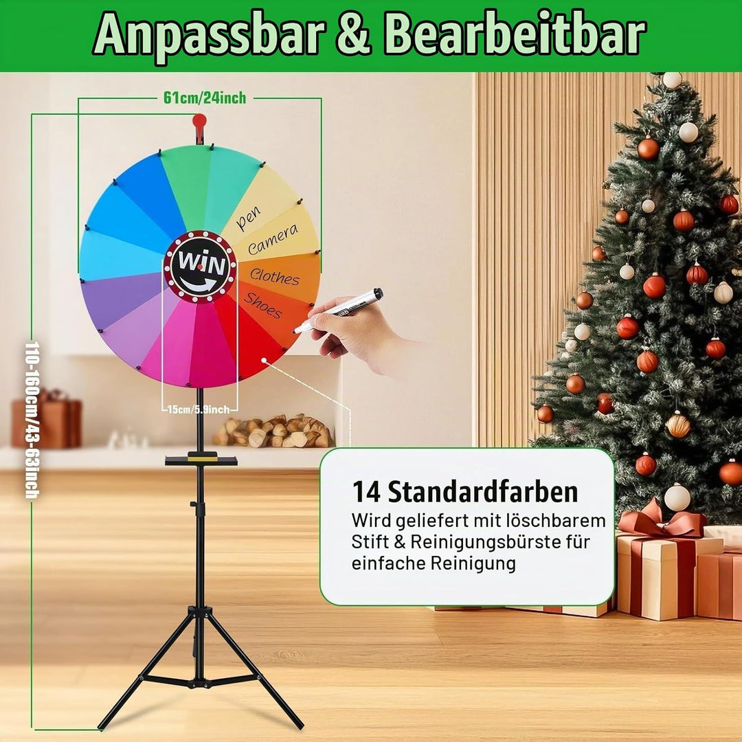 60 cm grosses Glücksrad mit Stifthalter, höhenverstellbares Glücksrad für Lotteriespiele, Wortspiele