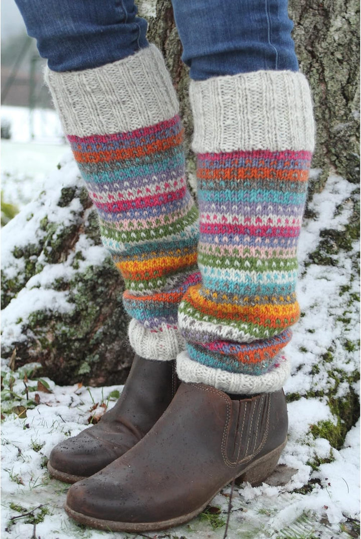 Pachamama Damen Beinwärmer aus 100% Wolle, handgestrickt, Punkte, Streifen, mehrfarbig, normale Pass