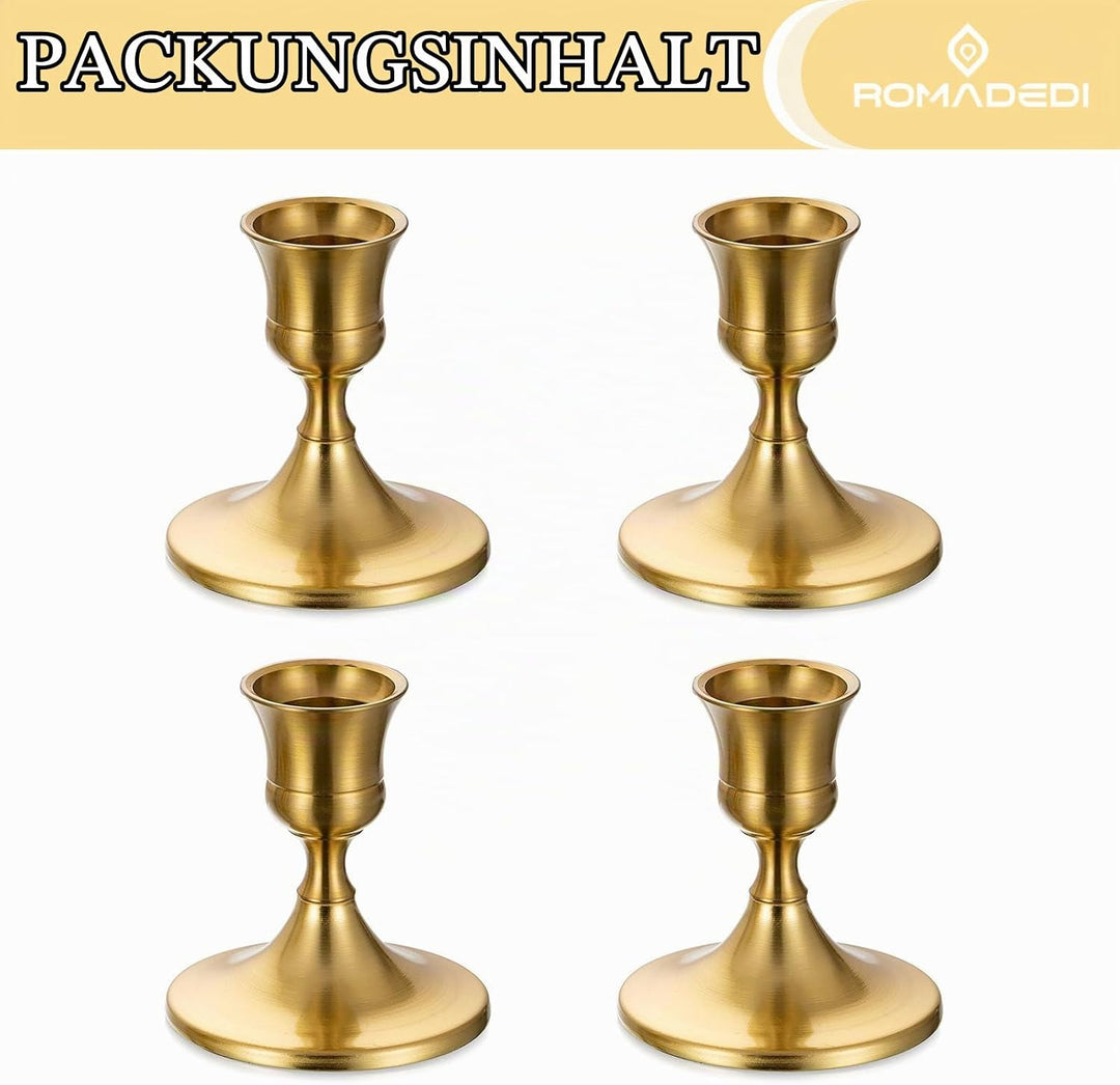 Romadedi Kerzenständer Gold Stabkerzen Tischdeko - 4er Set Klein Kerzenhalter Stabkerze Metall Vinta