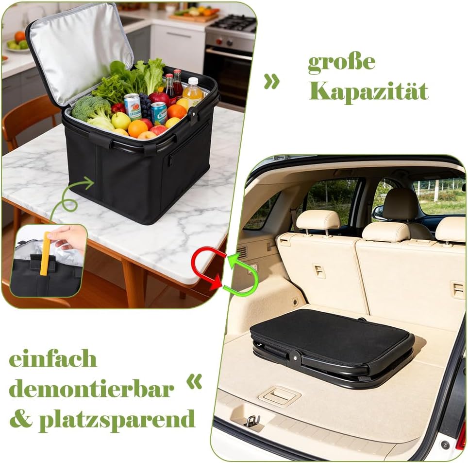 HRX Package 35L Kühlkorb Einkaufskorb Faltbar mit Reissverschluss, Grosser Faltbarer Korb, Geeignet