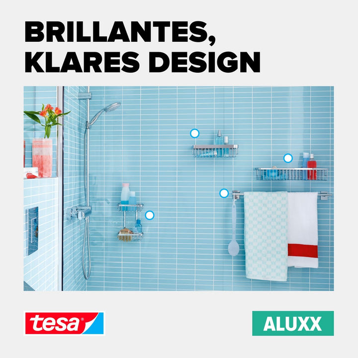 tesa ALUXX Eckduschkorb, Aluminium, verchromt, garantiert rostfrei, inkl. Klebelösung, 207 mm x 202