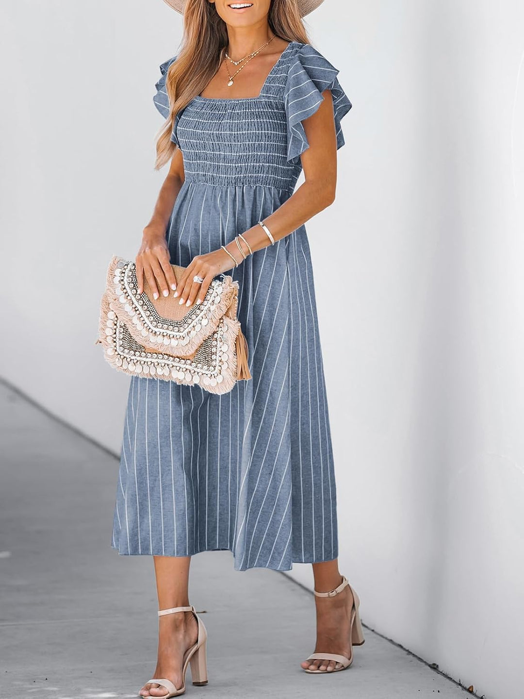 CUPSHE Damen Sommerkleid Quadratischer Ausschnitt Volantärmel Nadelstreifen A Linie Gesmoktes Maxikl