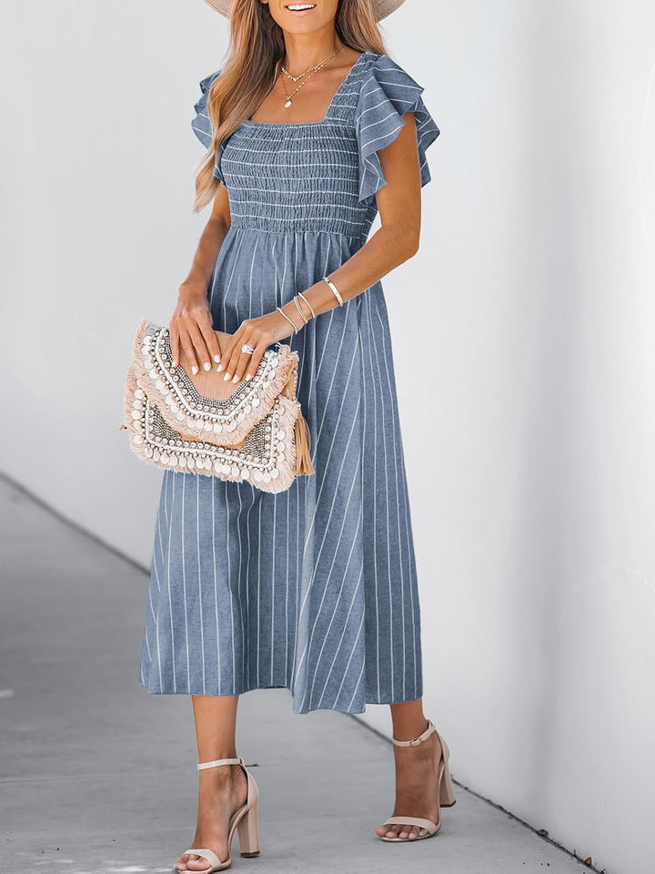 CUPSHE Damen Sommerkleid Quadratischer Ausschnitt Volantärmel Nadelstreifen A Linie Gesmoktes Maxikl