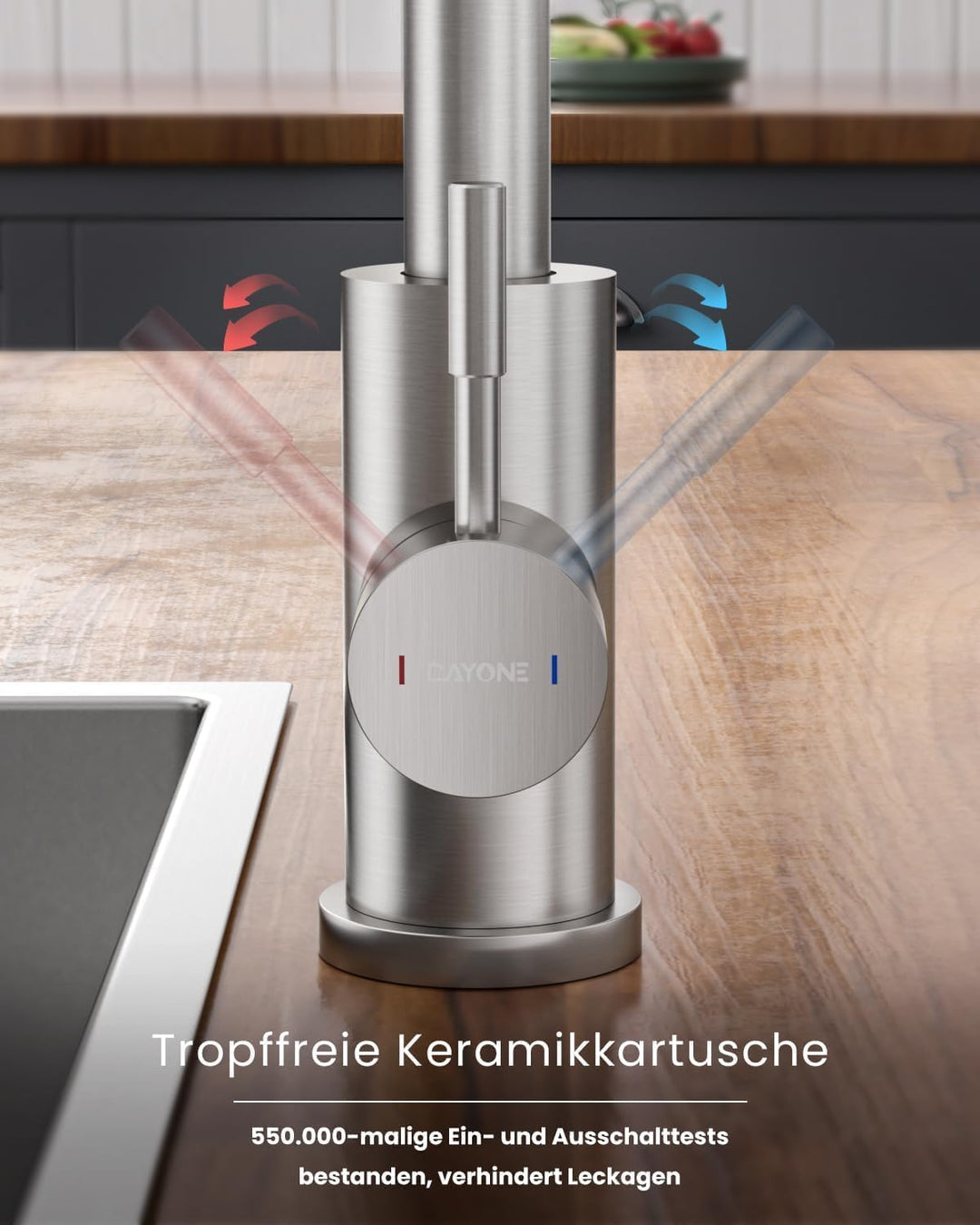 DAYONE Niederdruck Küchenarmatur, Ausziehbarer Wasserhahn mit 3 Strahlarten, Wasserhahn Küche mit 3