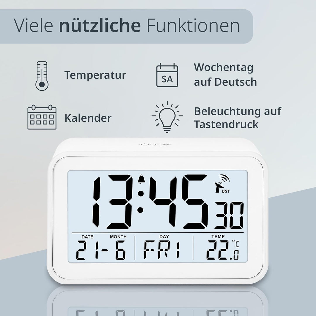 ADE Digitaler Funkwecker mit Licht | Temperaturanzeige und Kalender | kompakter Reisewecker | hübsch
