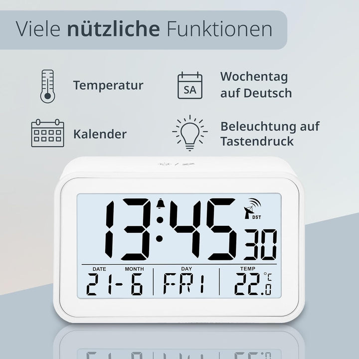 ADE Digitaler Funkwecker mit Licht | Temperaturanzeige und Kalender | kompakter Reisewecker | hübsch